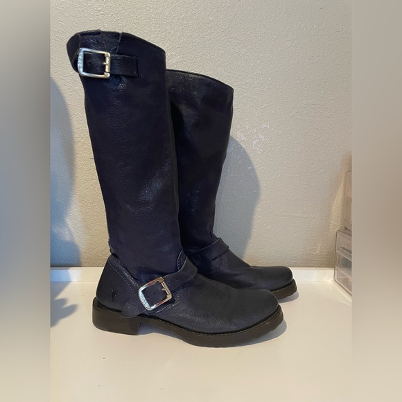 Vintage Frye Veronica Slouch Blue Leather Mid-Calf Harness Boots Size 7.5B - Picture 2 of 11